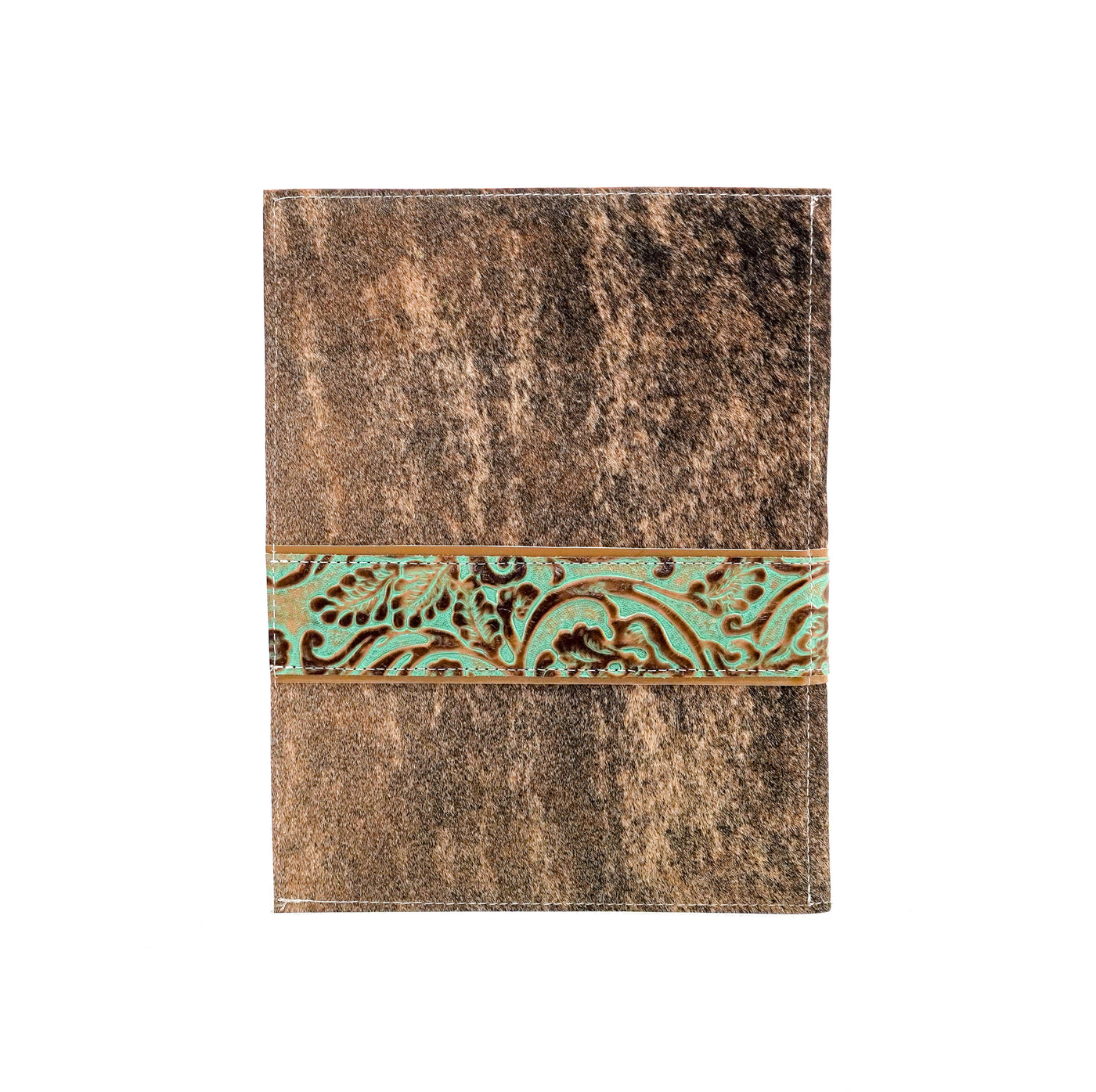 001 Large Notepad Cover - Brindle w/ Turquoise tool-Large Notepad Cover-Western-Cowhide-Bags-Handmade-Products-Gifts-Dancing Cactus Designs