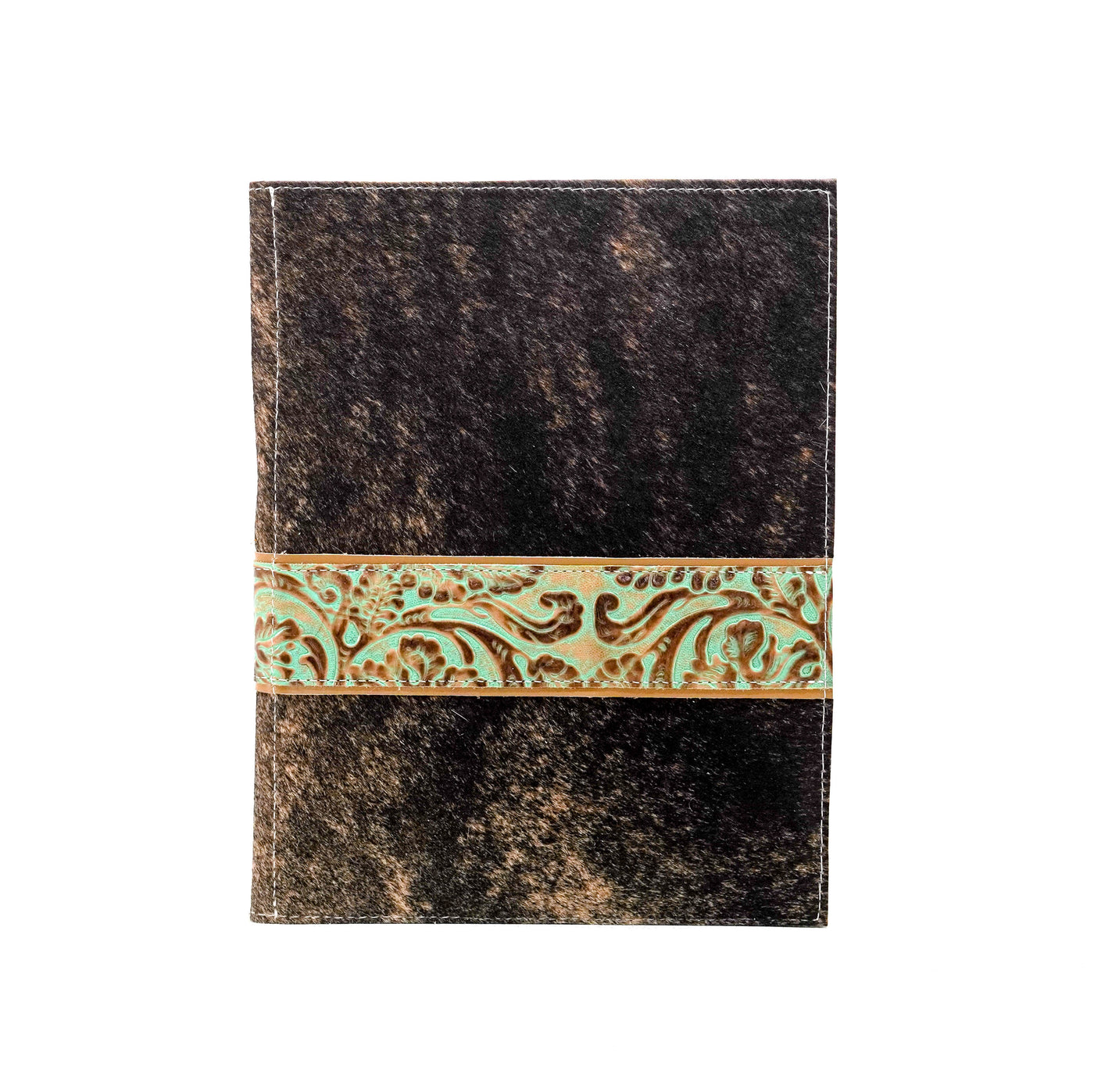001 Large Notepad Cover - Brindle w/ Turquoise tool-Large Notepad Cover-Western-Cowhide-Bags-Handmade-Products-Gifts-Dancing Cactus Designs