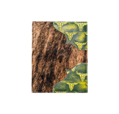 002 Large Notepad Cover - Brindle w/ Mountain View Skulls-Large Notepad Cover-Western-Cowhide-Bags-Handmade-Products-Gifts-Dancing Cactus Designs