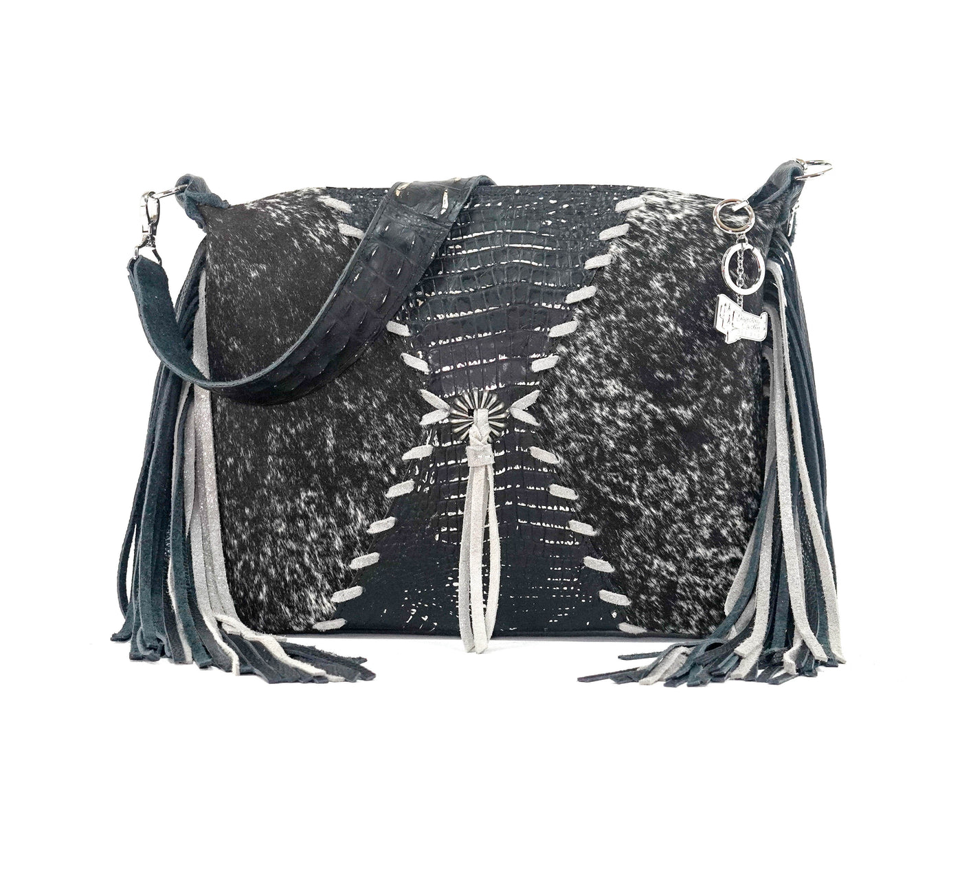 026 Oakley - Black & White w/ Onyx & Silver Croc-Oakley-Western-Cowhide-Bags-Handmade-Products-Gifts-Dancing Cactus Designs