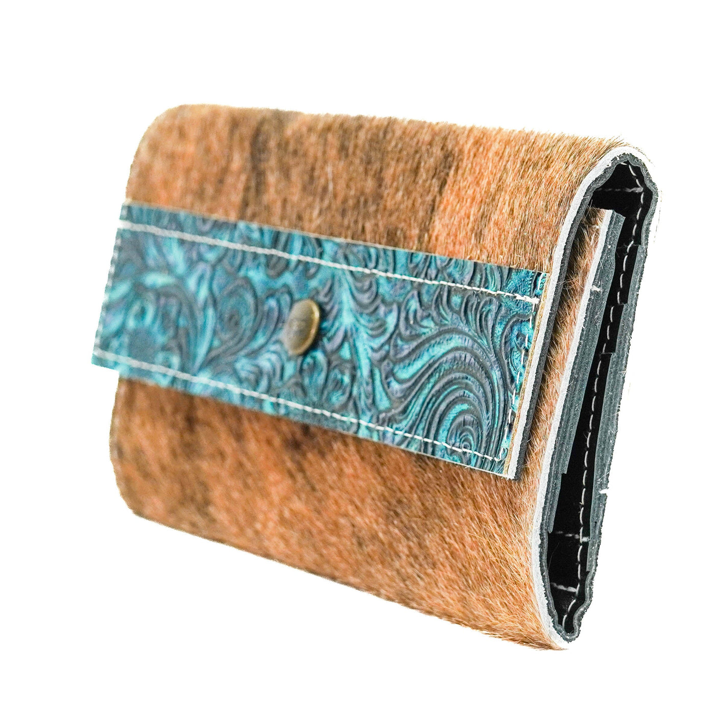034 Kacey Wallet - Brindle w/ Turquoise Wildflower Tool-Kacey Wallet-Western-Cowhide-Bags-Handmade-Products-Gifts-Dancing Cactus Designs