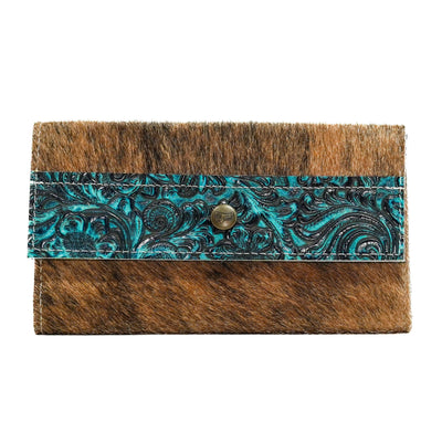 034 Kacey Wallet - Brindle w/ Turquoise Wildflower Tool-Kacey Wallet-Western-Cowhide-Bags-Handmade-Products-Gifts-Dancing Cactus Designs