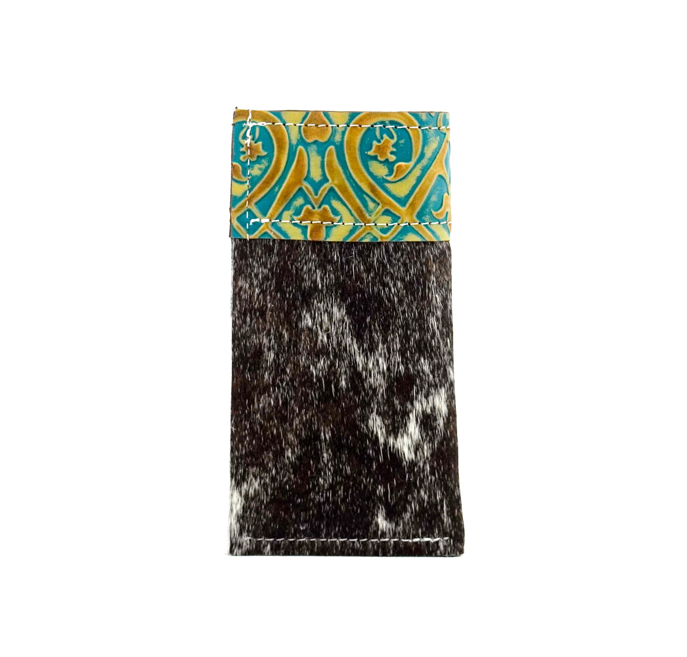 042 Sunglass Case - Chocolate & White w/ Turquoise Black Jack-Sunglass Case-Western-Cowhide-Bags-Handmade-Products-Gifts-Dancing Cactus Designs