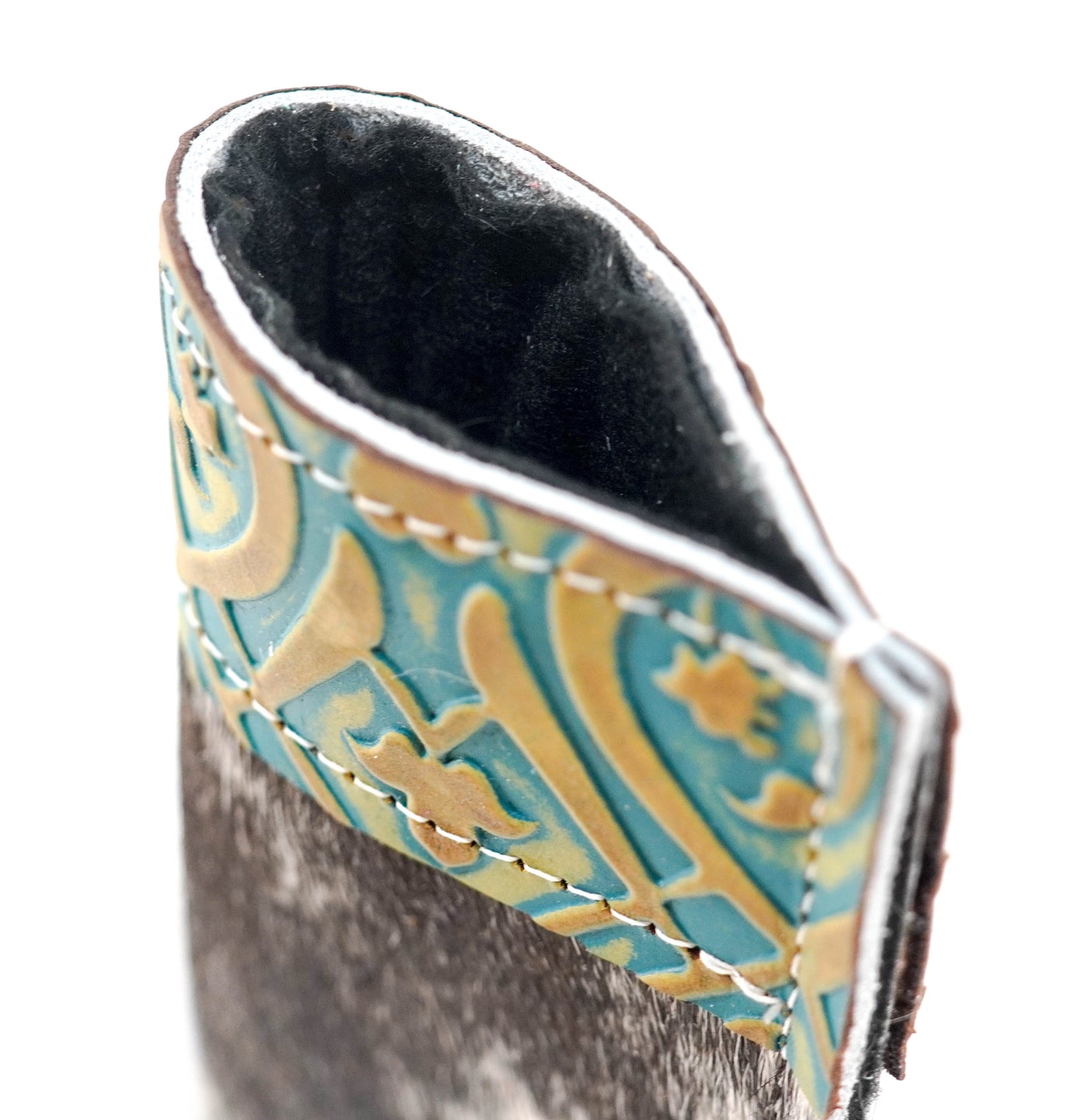 042 Sunglass Case - Chocolate & White w/ Turquoise Black Jack-Sunglass Case-Western-Cowhide-Bags-Handmade-Products-Gifts-Dancing Cactus Designs