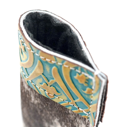 042 Sunglass Case - Chocolate & White w/ Turquoise Black Jack-Sunglass Case-Western-Cowhide-Bags-Handmade-Products-Gifts-Dancing Cactus Designs