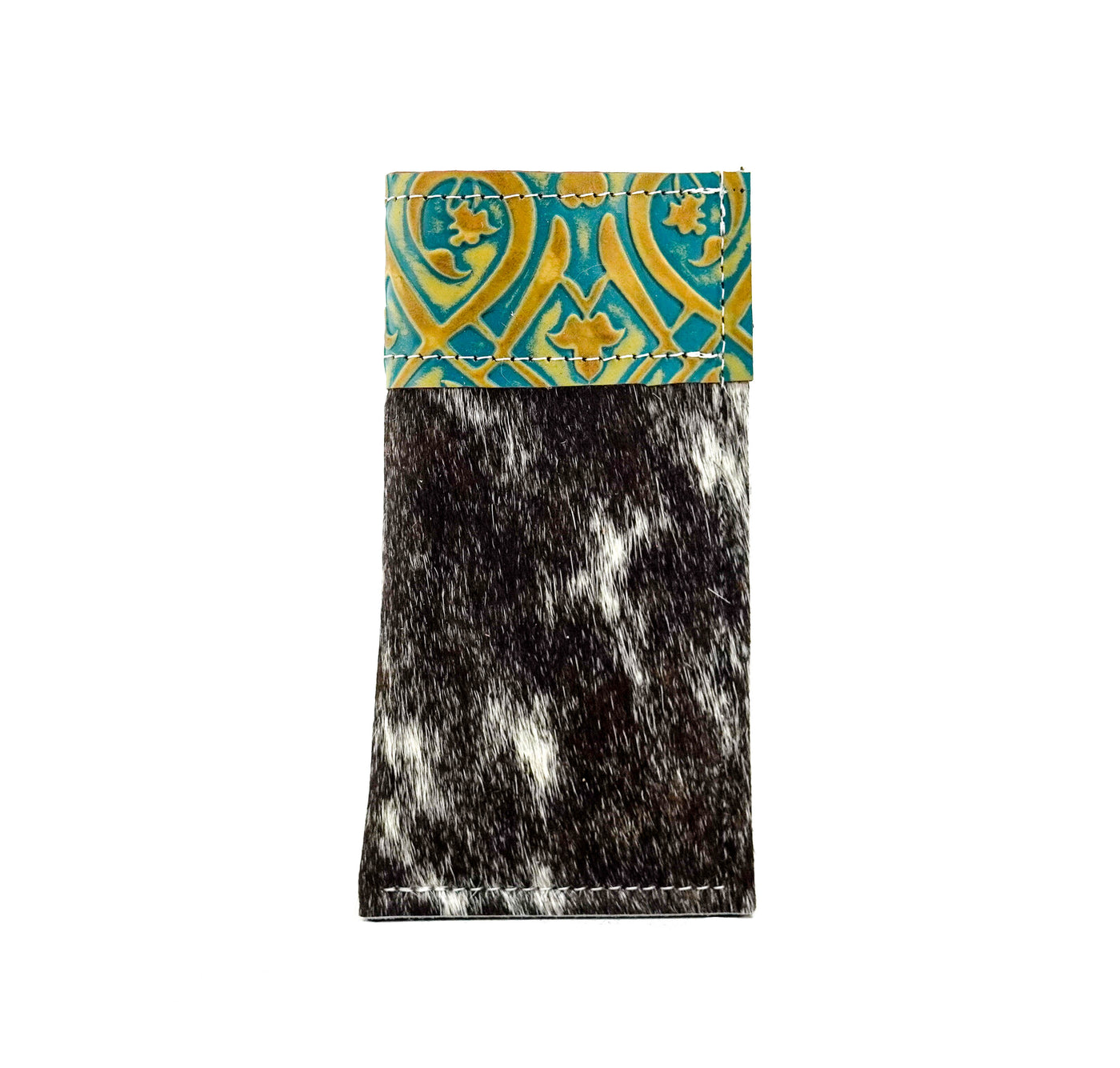042 Sunglass Case - Chocolate & White w/ Turquoise Black Jack-Sunglass Case-Western-Cowhide-Bags-Handmade-Products-Gifts-Dancing Cactus Designs