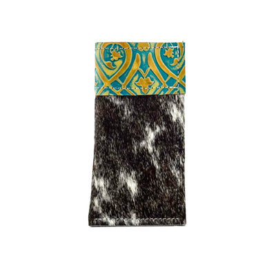 042 Sunglass Case - Chocolate & White w/ Turquoise Black Jack-Sunglass Case-Western-Cowhide-Bags-Handmade-Products-Gifts-Dancing Cactus Designs