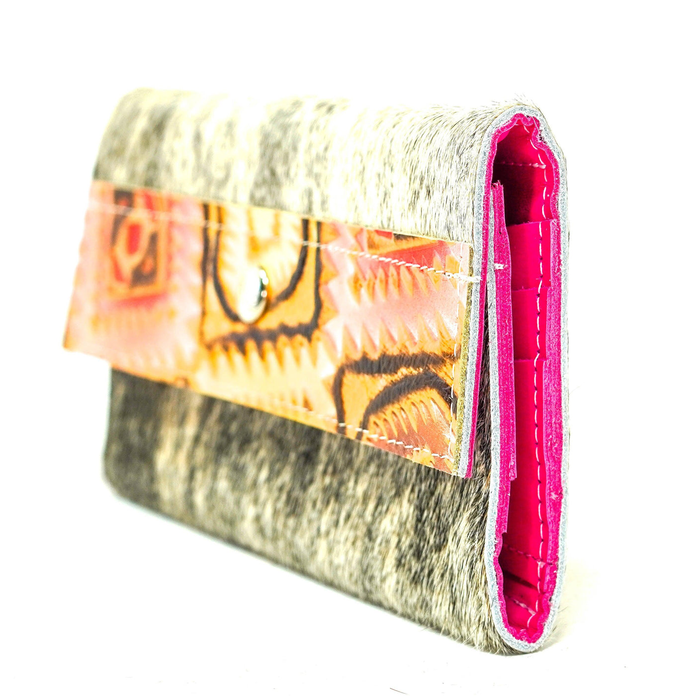 054 Kacey Wallet - Grey Brindle w/ Moab Aztec-Kacey Wallet-Western-Cowhide-Bags-Handmade-Products-Gifts-Dancing Cactus Designs