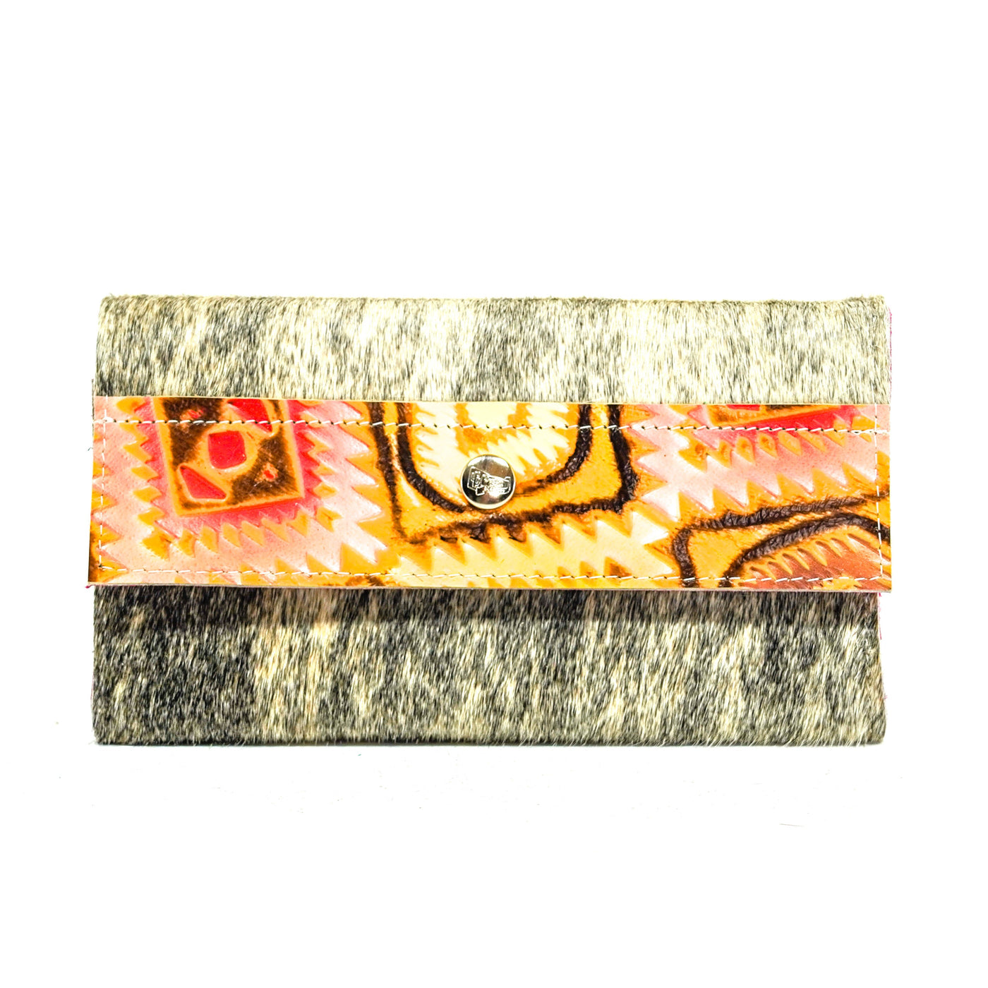 054 Kacey Wallet - Grey Brindle w/ Moab Aztec-Kacey Wallet-Western-Cowhide-Bags-Handmade-Products-Gifts-Dancing Cactus Designs