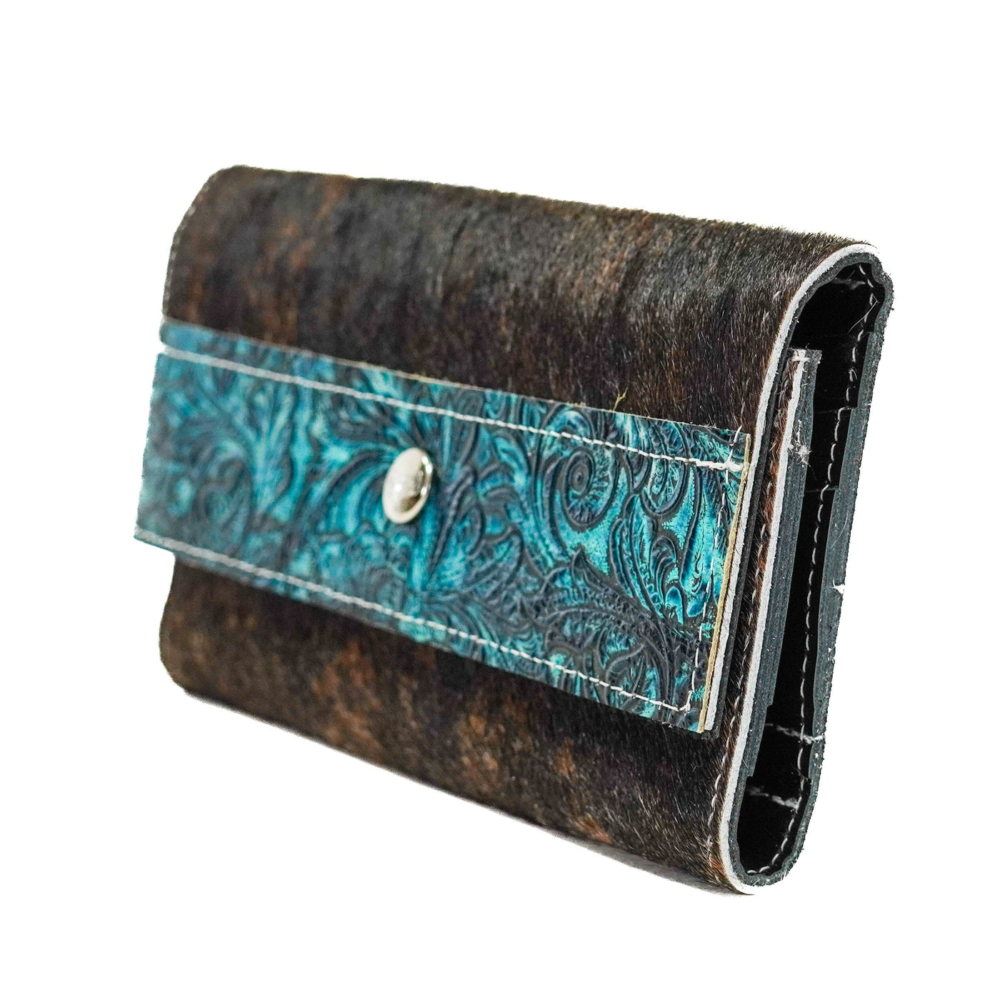 089 Kacey Wallet - Dark Brindle w/ Turquoise Wildflower Tool-Kacey Wallet-Western-Cowhide-Bags-Handmade-Products-Gifts-Dancing Cactus Designs