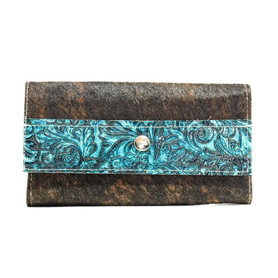 089 Kacey Wallet - Dark Brindle w/ Turquoise Wildflower Tool-Kacey Wallet-Western-Cowhide-Bags-Handmade-Products-Gifts-Dancing Cactus Designs