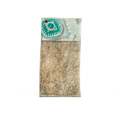 098 Sunglass Case - Light Brindle w/ Turquoise Sand Aztec-Sunglass Case-Western-Cowhide-Bags-Handmade-Products-Gifts-Dancing Cactus Designs