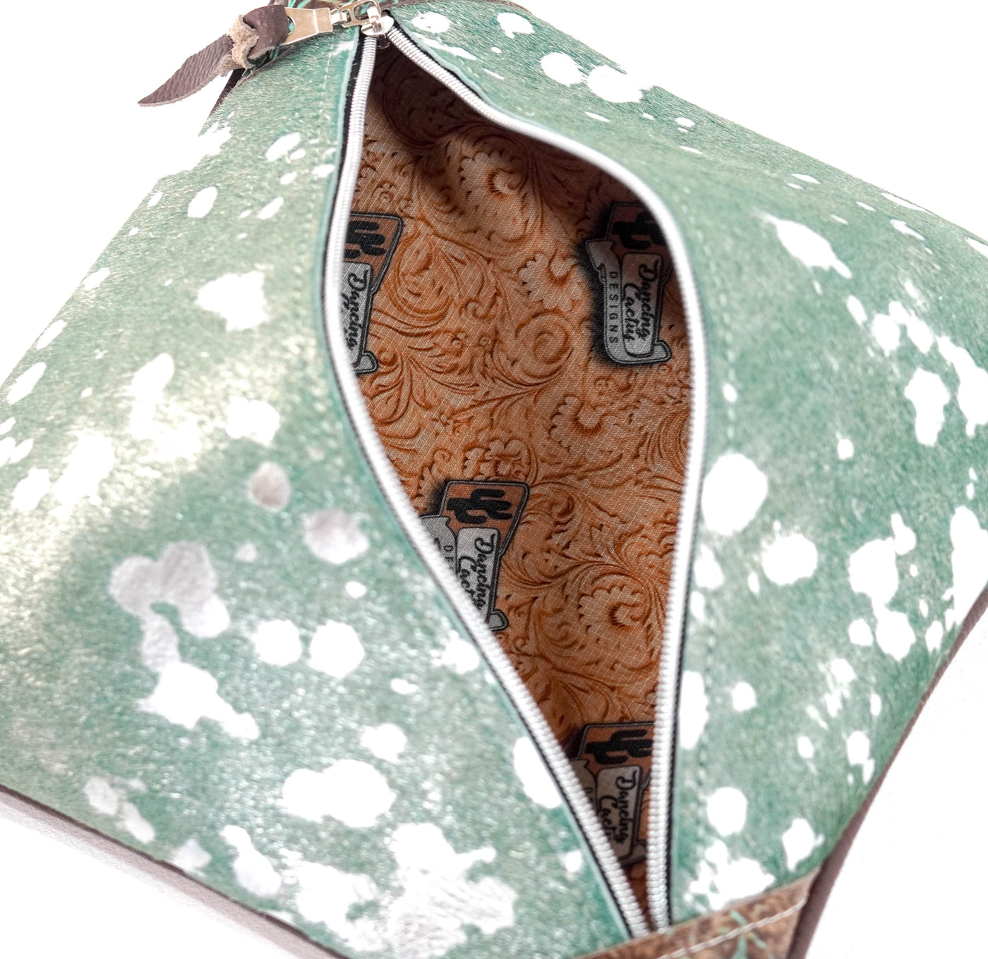 Accessory Bag - Emerald Acid w/ Turquoise & Mustang Leather-Accessory Bag-Western-Cowhide-Bags-Handmade-Products-Gifts-Dancing Cactus Designs