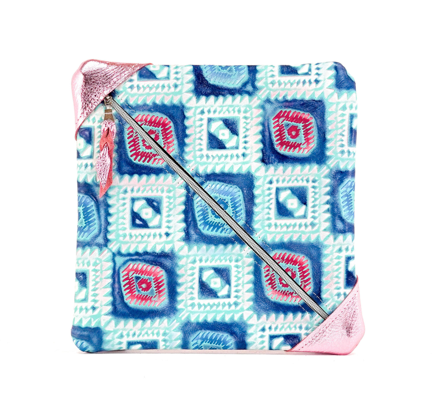 Accessory Bag - Powder Pink Shimmer w/ Glacier Park Aztec-Accessory Bag-Western-Cowhide-Bags-Handmade-Products-Gifts-Dancing Cactus Designs