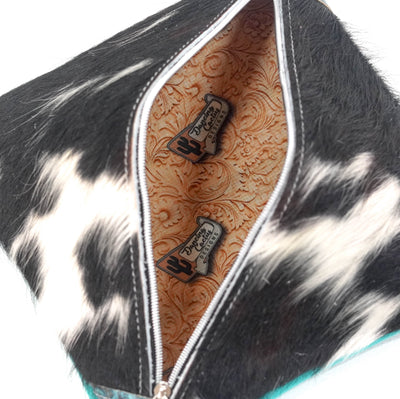 Accessory Bag - Tricolor w/ Turquoise Wildflower-Accessory Bag-Western-Cowhide-Bags-Handmade-Products-Gifts-Dancing Cactus Designs