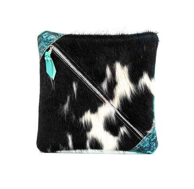 Accessory Bag - Tricolor w/ Turquoise Wildflower-Accessory Bag-Western-Cowhide-Bags-Handmade-Products-Gifts-Dancing Cactus Designs