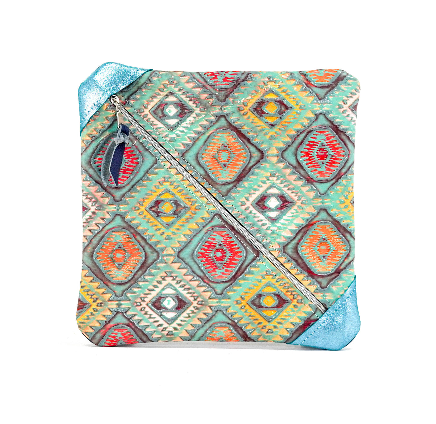 Accessory Bag - Turquoise Glitter w/ Rainbow Aztec-Accessory Bag-Western-Cowhide-Bags-Handmade-Products-Gifts-Dancing Cactus Designs