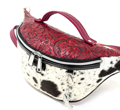 Bum Bag - Black & White w/ Red Tool-Bum Bag-Western-Cowhide-Bags-Handmade-Products-Gifts-Dancing Cactus Designs