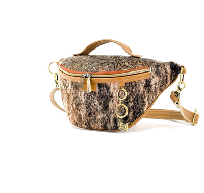 Bum Bag - Brindle w/ Gilded Tool-Bum Bag-Western-Cowhide-Bags-Handmade-Products-Gifts-Dancing Cactus Designs