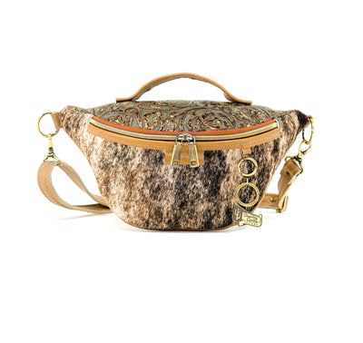 Bum Bag - Brindle w/ Gilded Tool-Bum Bag-Western-Cowhide-Bags-Handmade-Products-Gifts-Dancing Cactus Designs