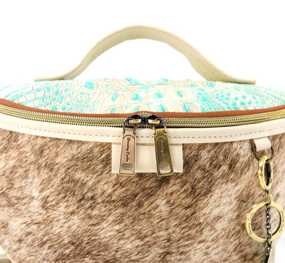 Bum Bag - Light Brindle w/ Cyan Croc-Bum Bag-Western-Cowhide-Bags-Handmade-Products-Gifts-Dancing Cactus Designs