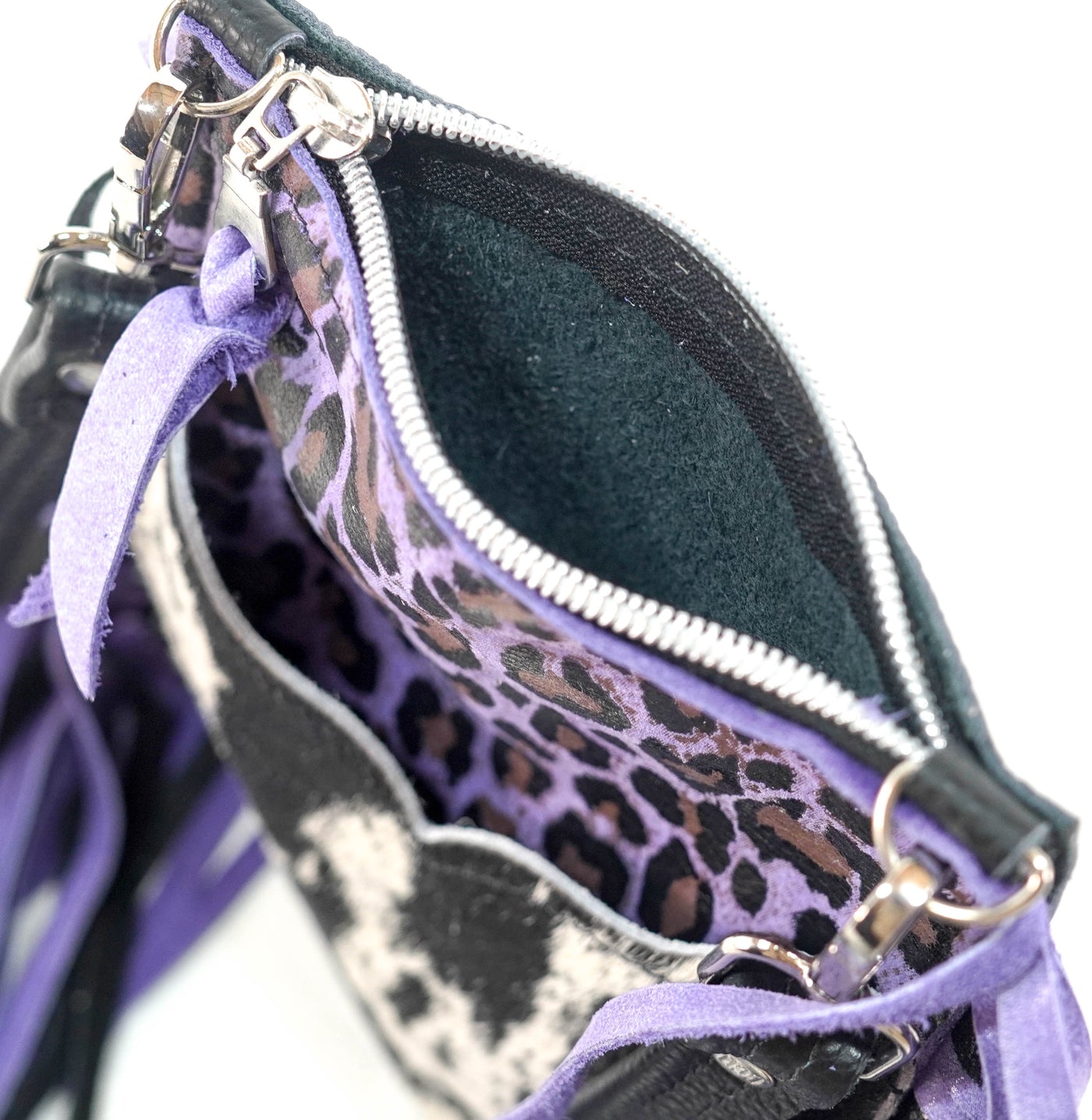 Carrie - Black & White w/ Purple Leopard-Carrie-Western-Cowhide-Bags-Handmade-Products-Gifts-Dancing Cactus Designs