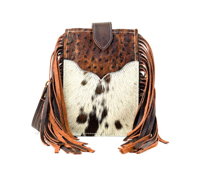 Carrie - Chocolate & White w/ Saddle Ostrich-Carrie-Western-Cowhide-Bags-Handmade-Products-Gifts-Dancing Cactus Designs