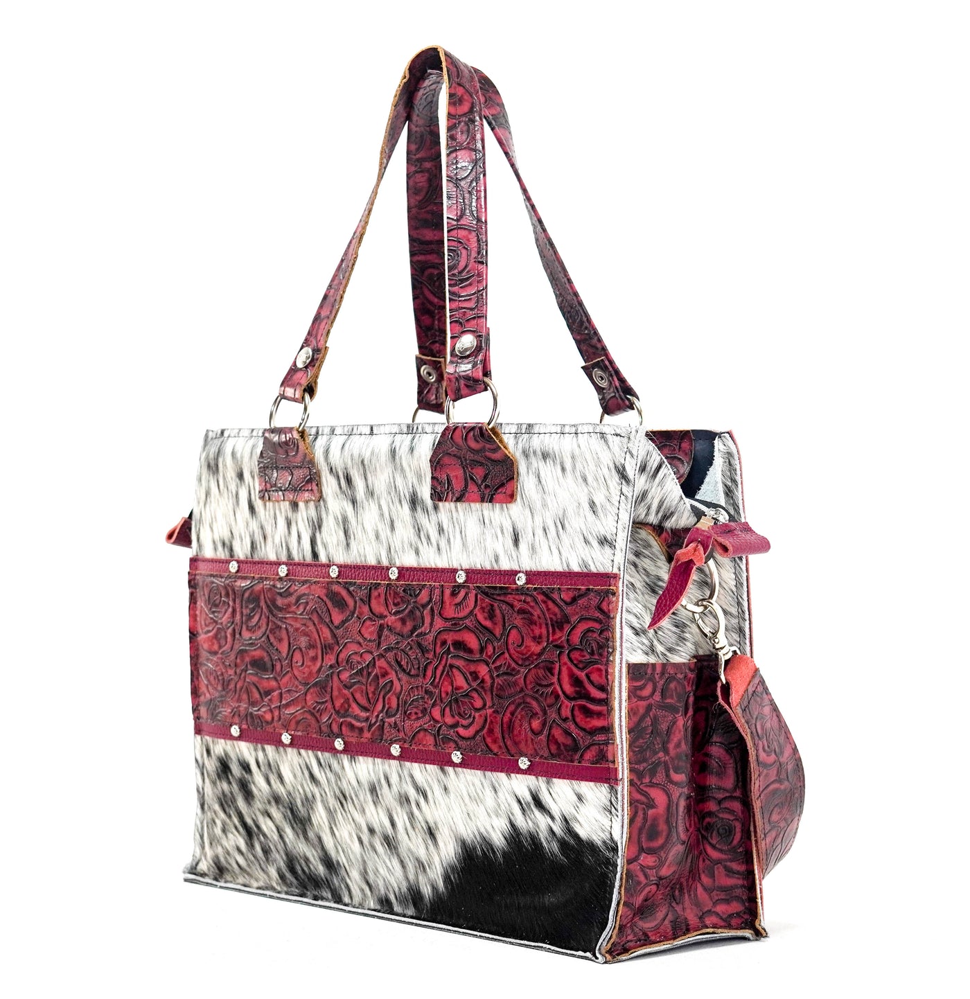 Clerk - Black & White w/ Red Roses-Clerk-Western-Cowhide-Bags-Handmade-Products-Gifts-Dancing Cactus Designs