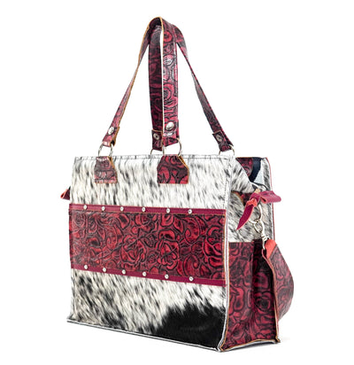 Clerk - Black & White w/ Red Roses-Clerk-Western-Cowhide-Bags-Handmade-Products-Gifts-Dancing Cactus Designs