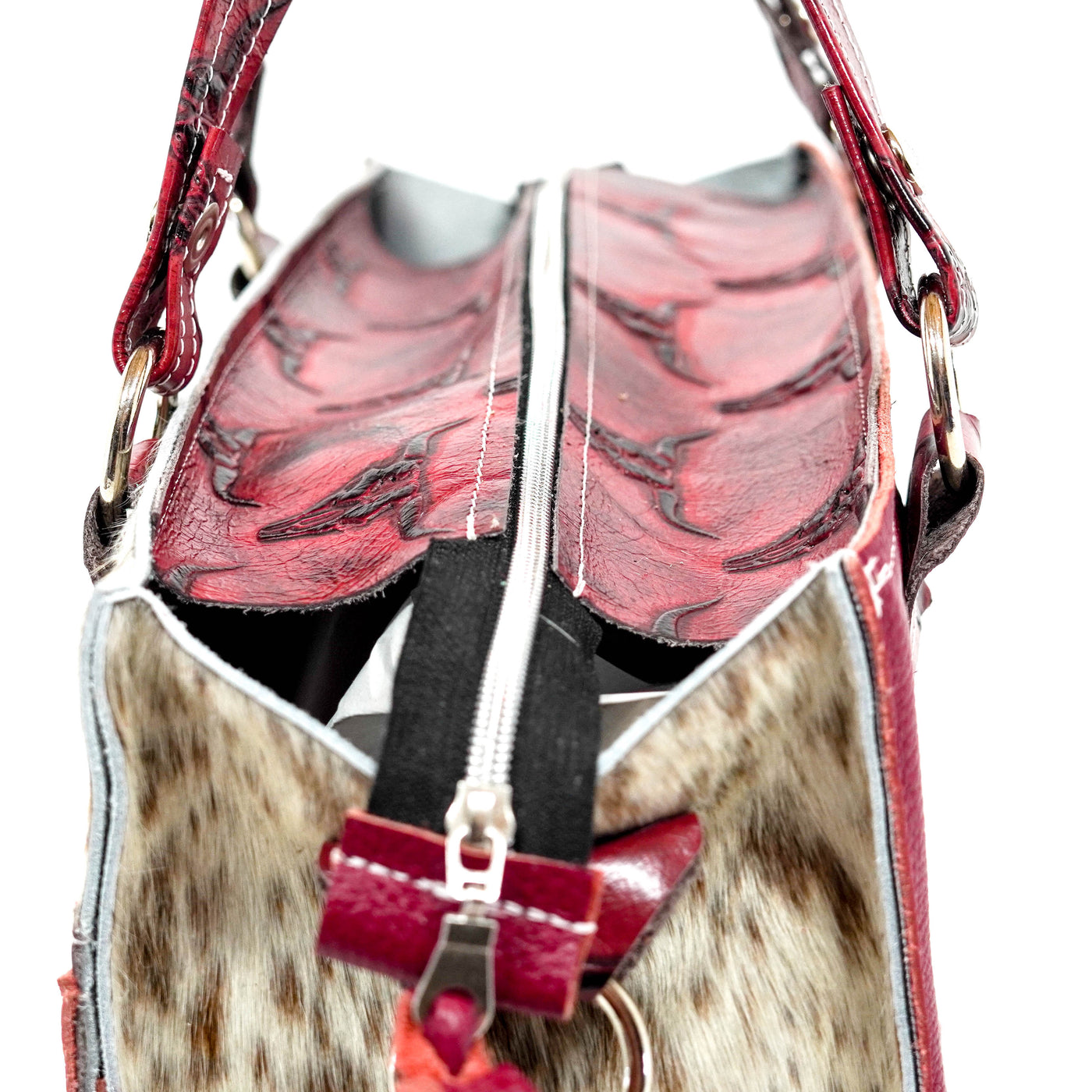 Clerk - Dapple w/ Red Skulls-Clerk-Western-Cowhide-Bags-Handmade-Products-Gifts-Dancing Cactus Designs