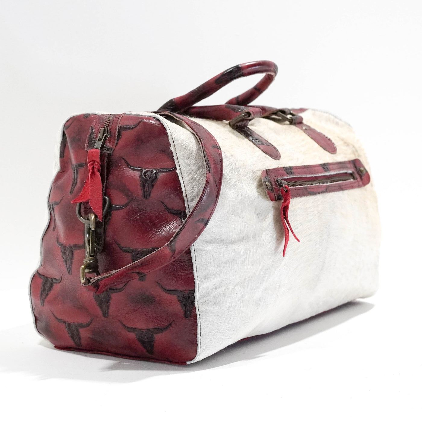 Duffel - Light Brindle w/ Burgundy Skulls-Duffel-Western-Cowhide-Bags-Handmade-Products-Gifts-Dancing Cactus Designs