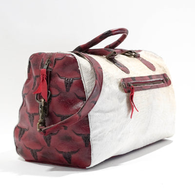 Duffel - Light Brindle w/ Burgundy Skulls-Duffel-Western-Cowhide-Bags-Handmade-Products-Gifts-Dancing Cactus Designs
