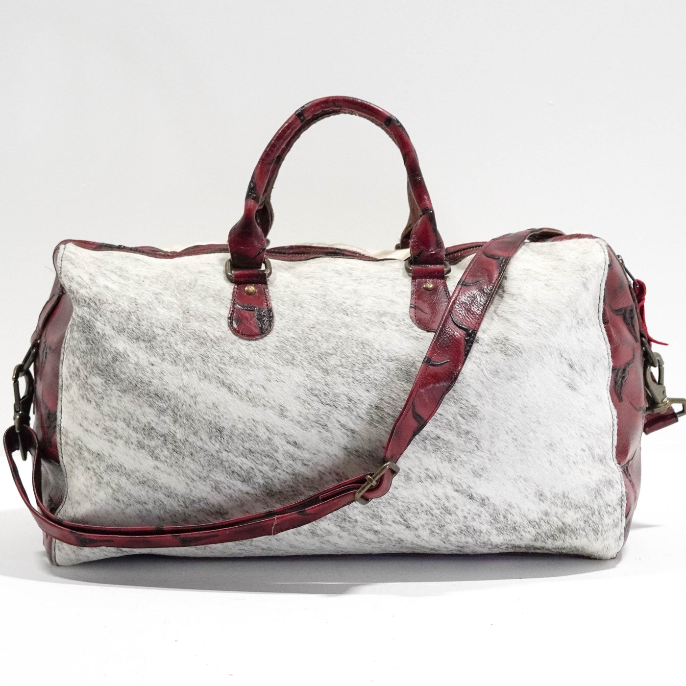 Duffel - Light Brindle w/ Burgundy Skulls-Duffel-Western-Cowhide-Bags-Handmade-Products-Gifts-Dancing Cactus Designs