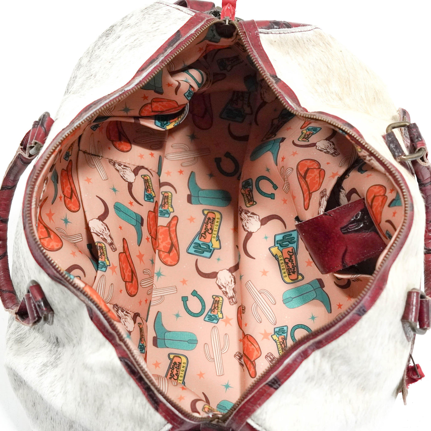 Duffel - Light Brindle w/ Burgundy Skulls-Duffel-Western-Cowhide-Bags-Handmade-Products-Gifts-Dancing Cactus Designs