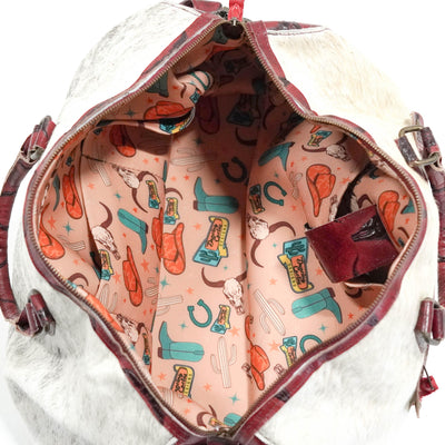 Duffel - Light Brindle w/ Burgundy Skulls-Duffel-Western-Cowhide-Bags-Handmade-Products-Gifts-Dancing Cactus Designs
