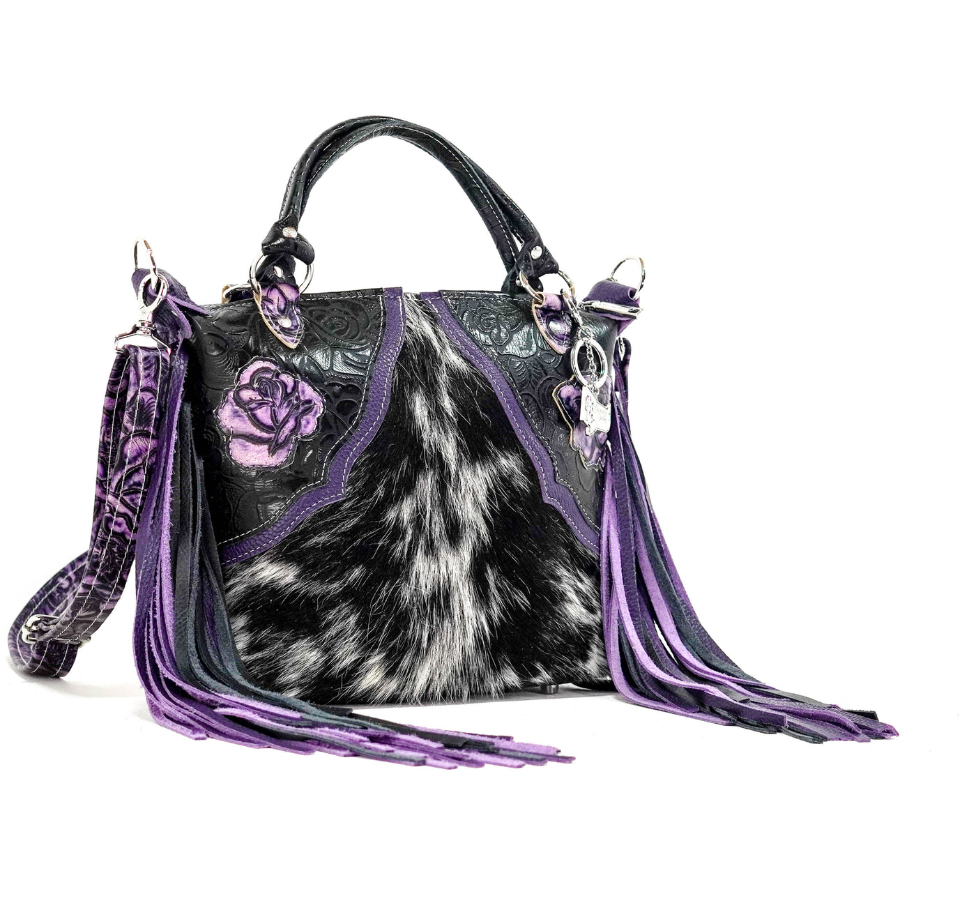 Fancy Annie - Black & White w/ Purple Roses-Fancy Annie-Western-Cowhide-Bags-Handmade-Products-Gifts-Dancing Cactus Designs