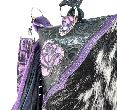Fancy Annie - Black & White w/ Purple Roses-Fancy Annie-Western-Cowhide-Bags-Handmade-Products-Gifts-Dancing Cactus Designs