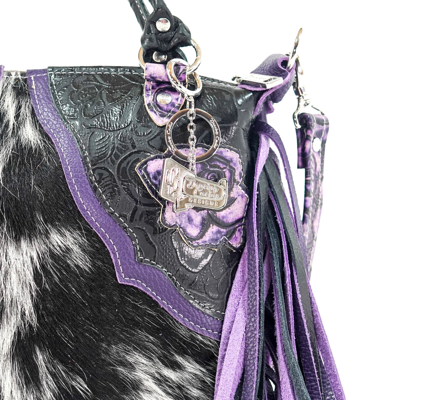 Fancy Annie - Black & White w/ Purple Roses-Fancy Annie-Western-Cowhide-Bags-Handmade-Products-Gifts-Dancing Cactus Designs