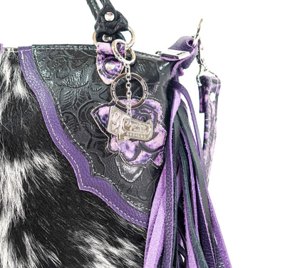 Fancy Annie - Black & White w/ Purple Roses-Fancy Annie-Western-Cowhide-Bags-Handmade-Products-Gifts-Dancing Cactus Designs