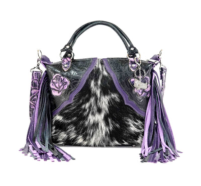 Fancy Annie - Black & White w/ Purple Roses-Fancy Annie-Western-Cowhide-Bags-Handmade-Products-Gifts-Dancing Cactus Designs