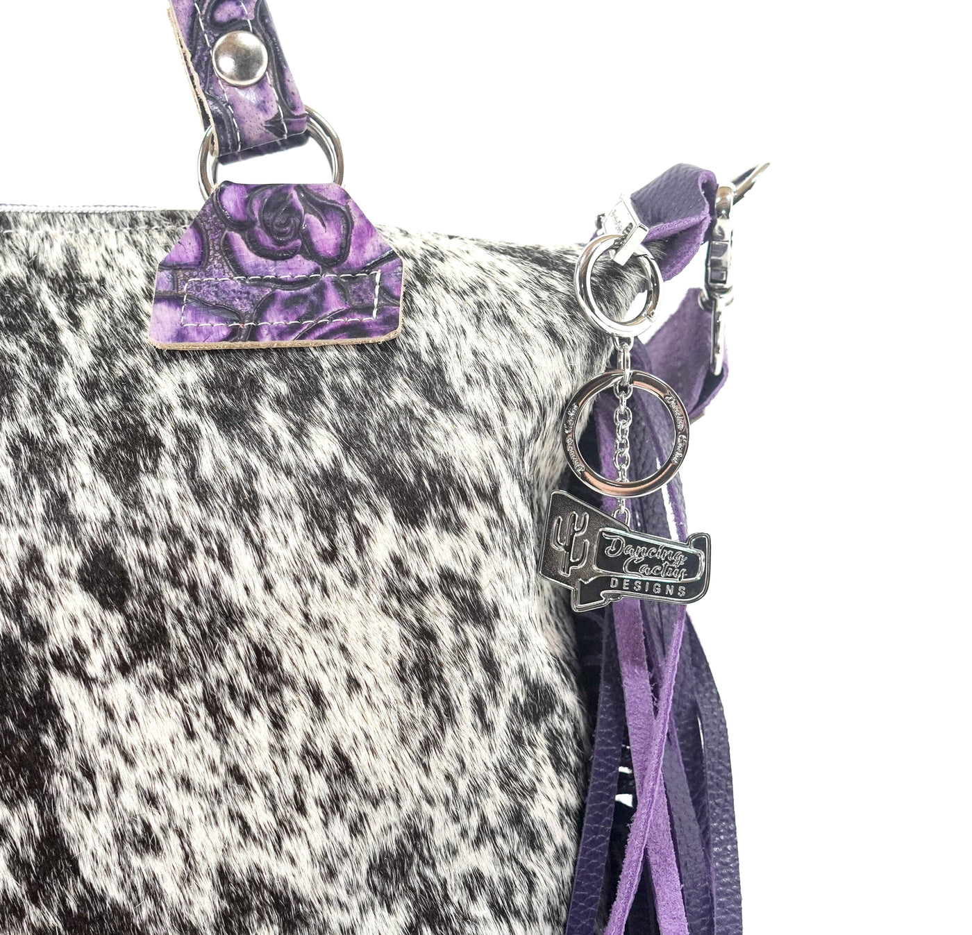 Fancy Oakley - Black & White w/ Purple Roses-Fancy Oakley-Western-Cowhide-Bags-Handmade-Products-Gifts-Dancing Cactus Designs