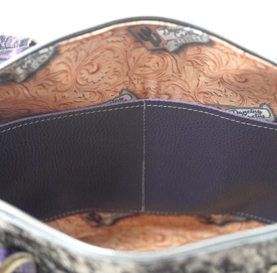 Fancy Oakley - Black & White w/ Purple Roses-Fancy Oakley-Western-Cowhide-Bags-Handmade-Products-Gifts-Dancing Cactus Designs