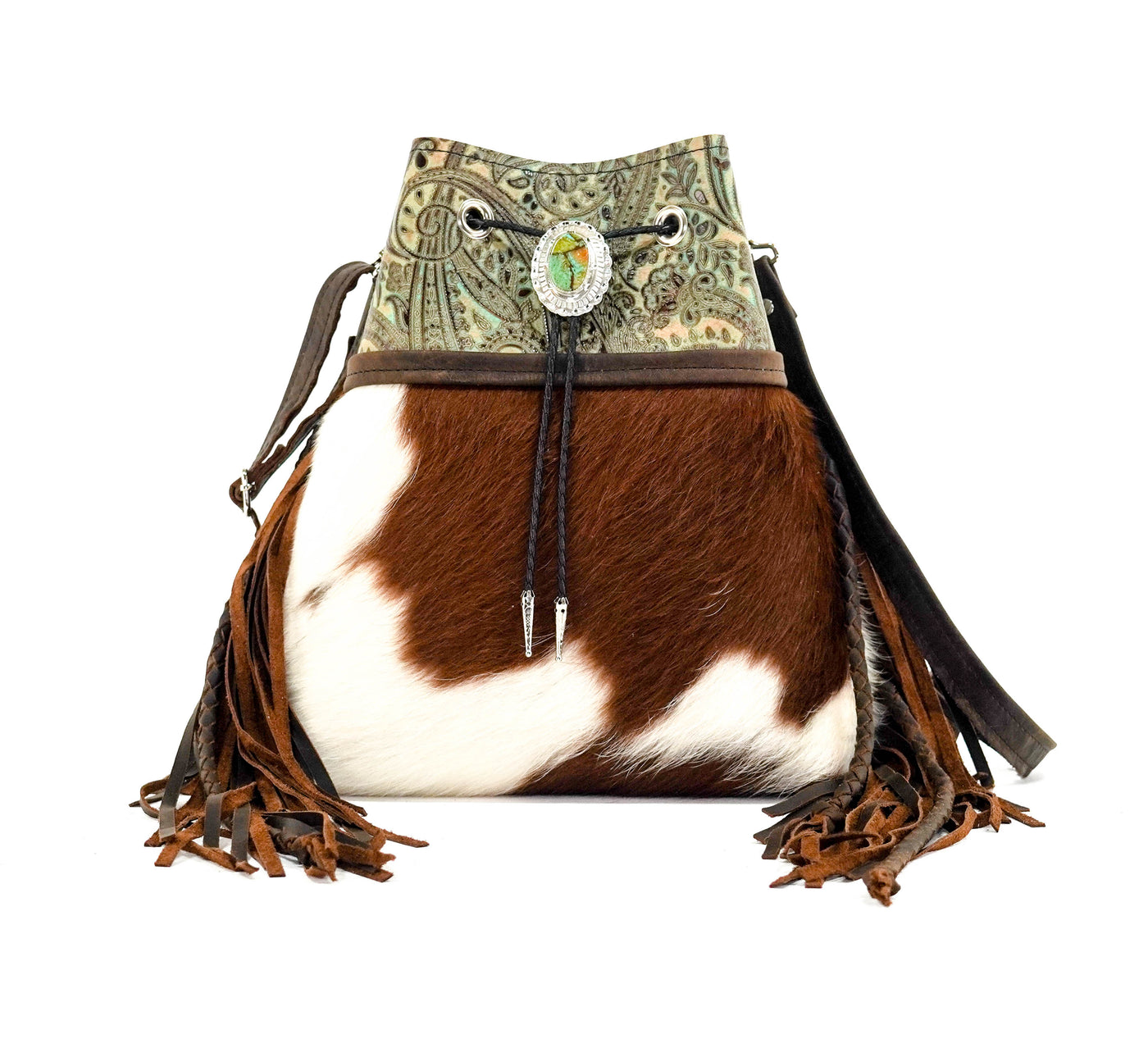 Gabby - Tricolor w/ Turquoise & Brown Paisley-Gabby-Western-Cowhide-Bags-Handmade-Products-Gifts-Dancing Cactus Designs