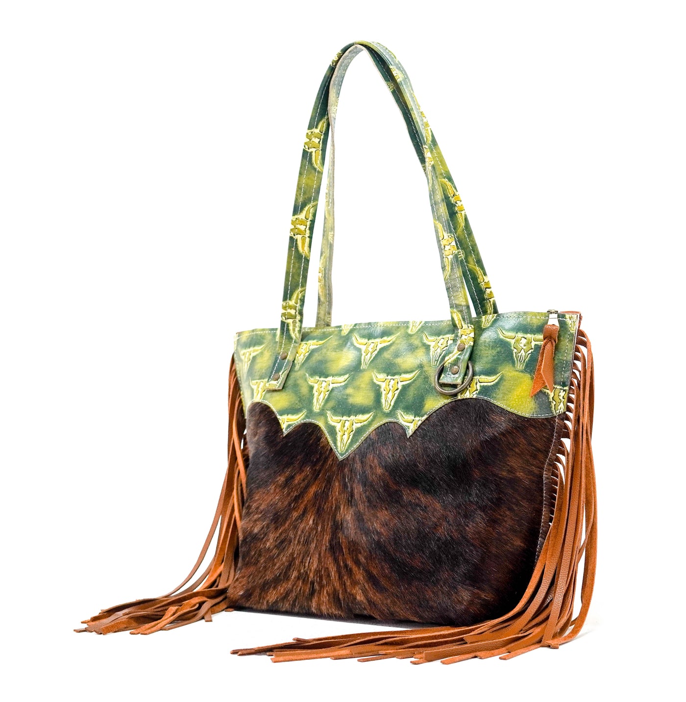 June - Red Brindle w/ Mountain View Skulls-June-Western-Cowhide-Bags-Handmade-Products-Gifts-Dancing Cactus Designs