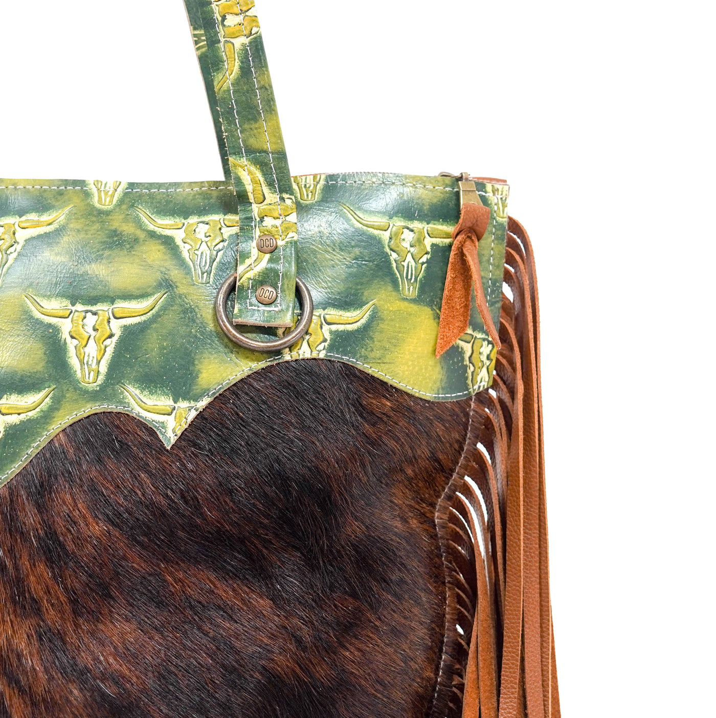 June - Red Brindle w/ Mountain View Skulls-June-Western-Cowhide-Bags-Handmade-Products-Gifts-Dancing Cactus Designs