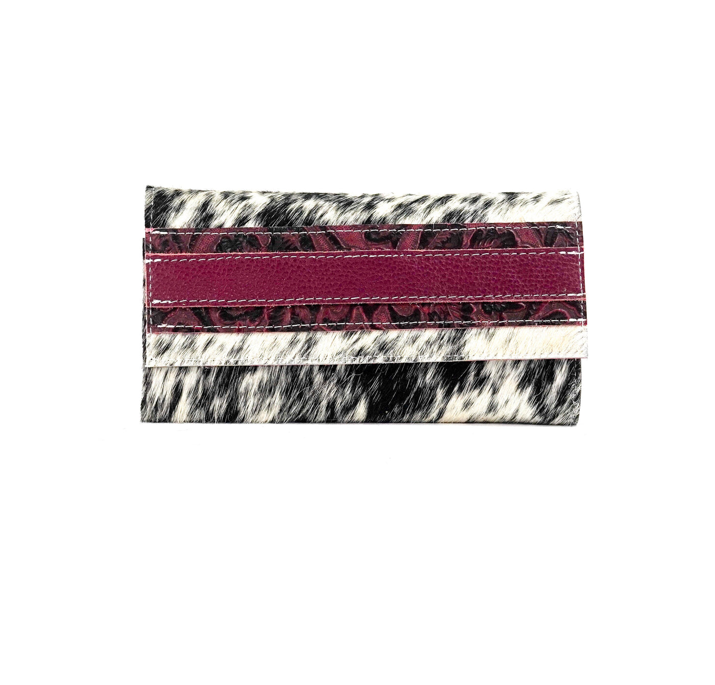 Kacey Wallet - Black & White w/ Burgundy Tool-Kacey Wallet-Western-Cowhide-Bags-Handmade-Products-Gifts-Dancing Cactus Designs
