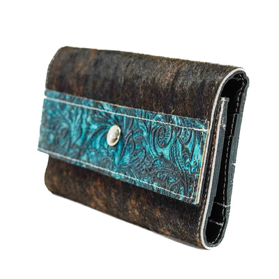 Kacey Wallet - Dark Brindle w/ Turquoise Wildflower Tool-Kacey Wallet-Western-Cowhide-Bags-Handmade-Products-Gifts-Dancing Cactus Designs