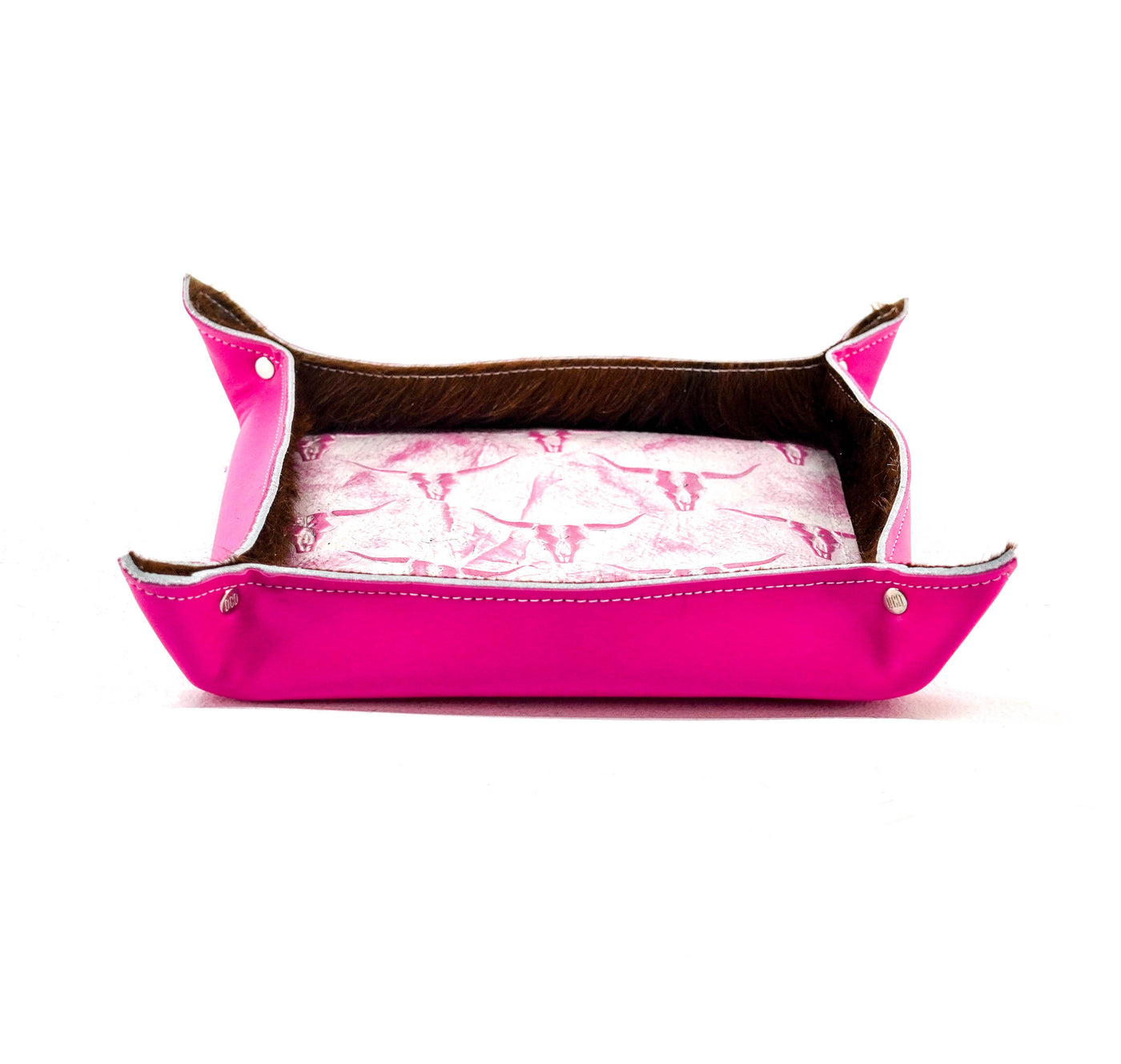 Large Tray - Smooth Hot Pink Leather w/ Western Barbie Skulls-Large Tray-Western-Cowhide-Bags-Handmade-Products-Gifts-Dancing Cactus Designs