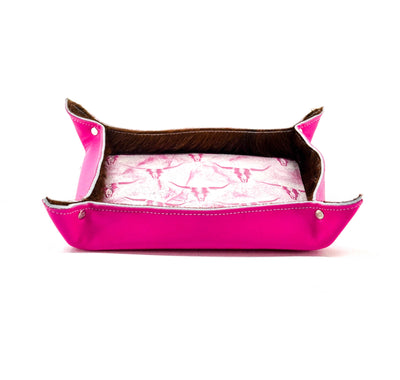 Large Tray - Smooth Hot Pink Leather w/ Western Barbie Skulls-Large Tray-Western-Cowhide-Bags-Handmade-Products-Gifts-Dancing Cactus Designs