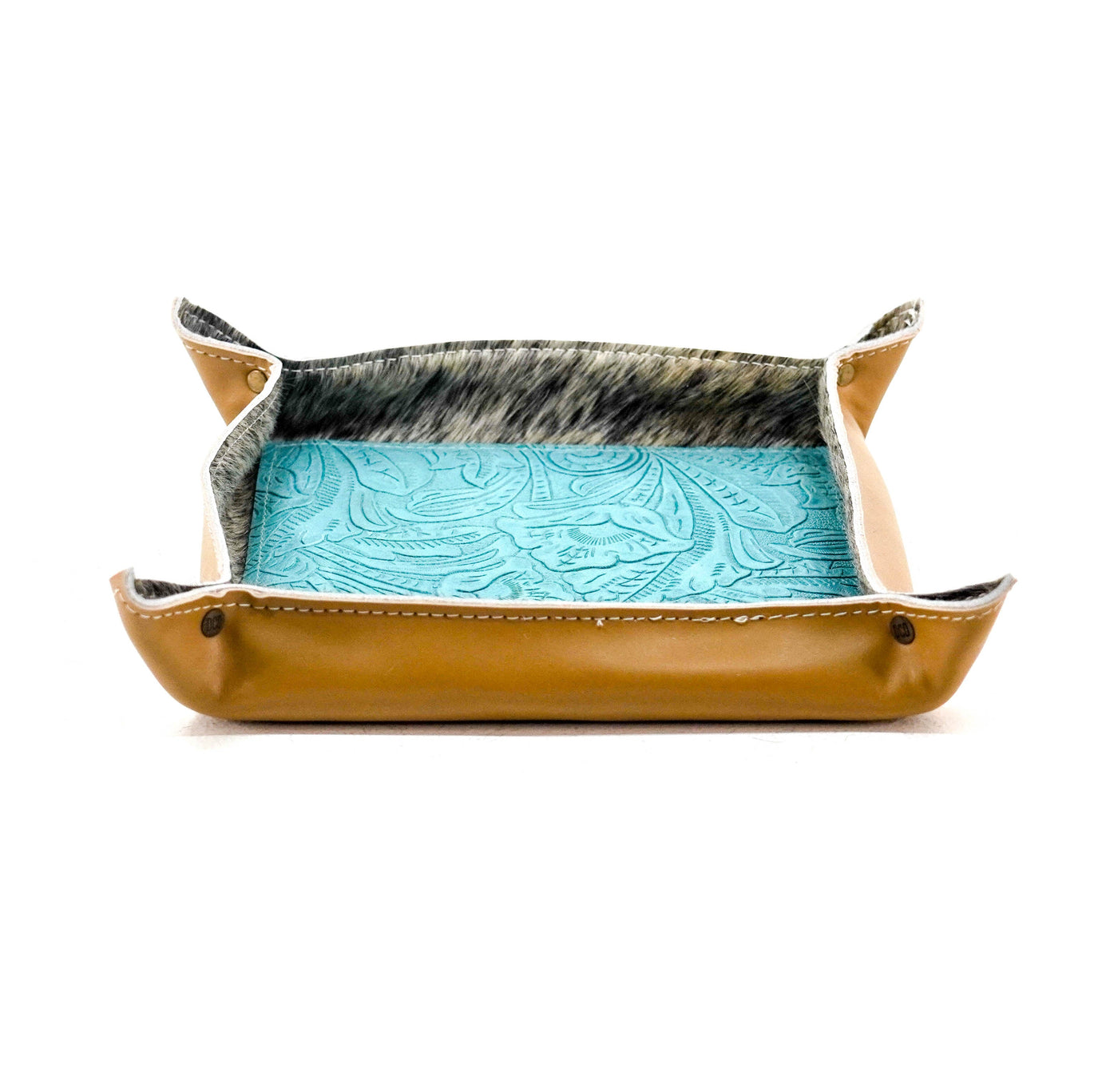 Large Tray - Smooth Latte Leather w/ Turquoise Denver Tool-Large Tray-Western-Cowhide-Bags-Handmade-Products-Gifts-Dancing Cactus Designs